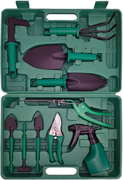 Set di giardinaggio da 10 pezzi, comprensivo di un supporto per attrezzi ergonomico e duraturo.