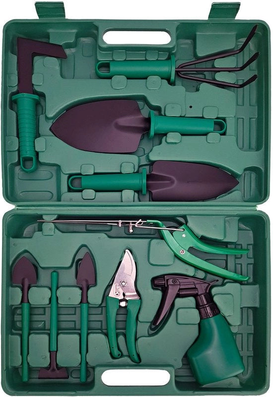 Set di giardinaggio da 10 pezzi, comprensivo di un supporto per attrezzi ergonomico e duraturo.