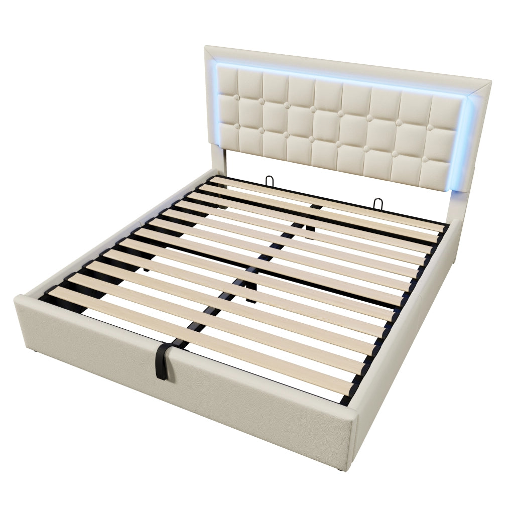 Letti contenitori 140x200 cm; LED e vano portaoggetti; PU bianco (Senza materasso)