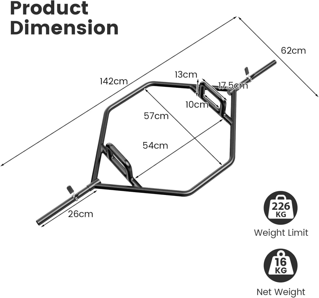 Trap Bar, Manubrio Esagonale con Manico Pieghevole, Barbell Barra Olimpica, Hex Bar Deadlift in Acciaio con Chiusura a Molla, Asta Esagonale fino a 226 kg per Casa e Palestra