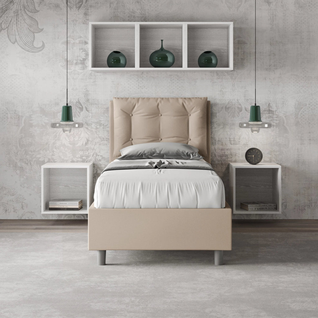 BS COM Letto singolo contenitore imbottito 80x200 similpelle tortora