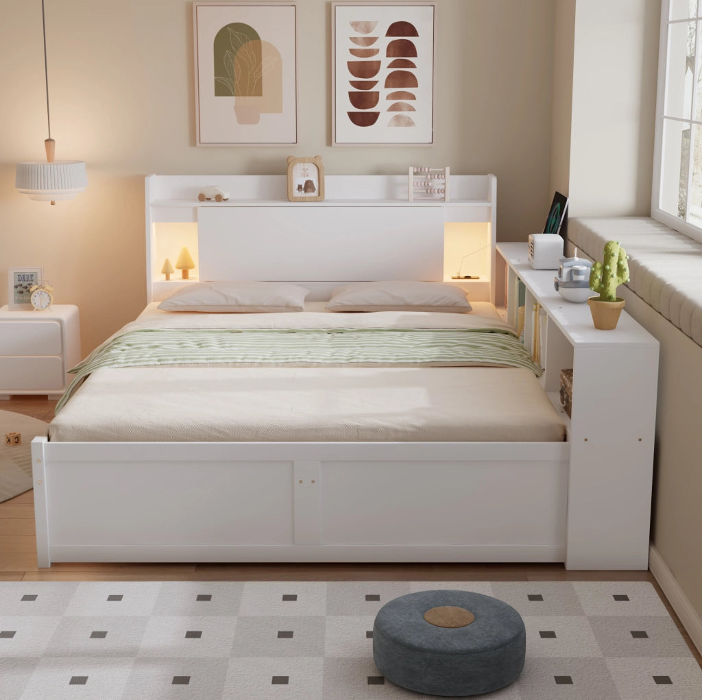 Letto matrimoniale 140x200 cm con contenitori laterali, cassetti, luci e presa di ricarica