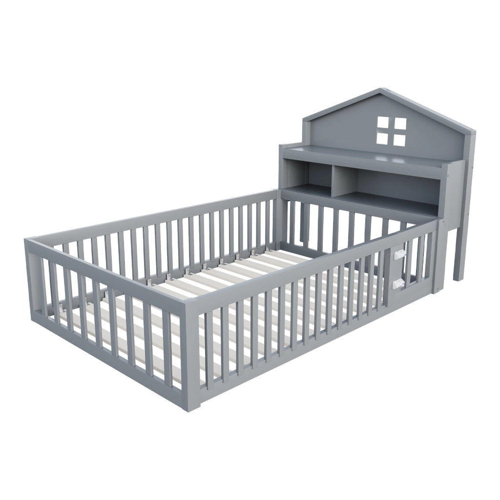 Letto per bambini 90×200 cm a casetta con ripiani; barriera e porta; senza materasso; legno; grigio