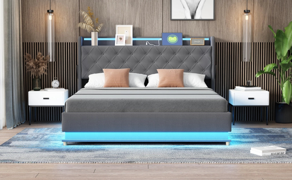 DESMIU Letto Imbottito 160 × 200 cm 2 Posti con LED, USB, Contenitore Idraulico, senza Materasso, Grigio