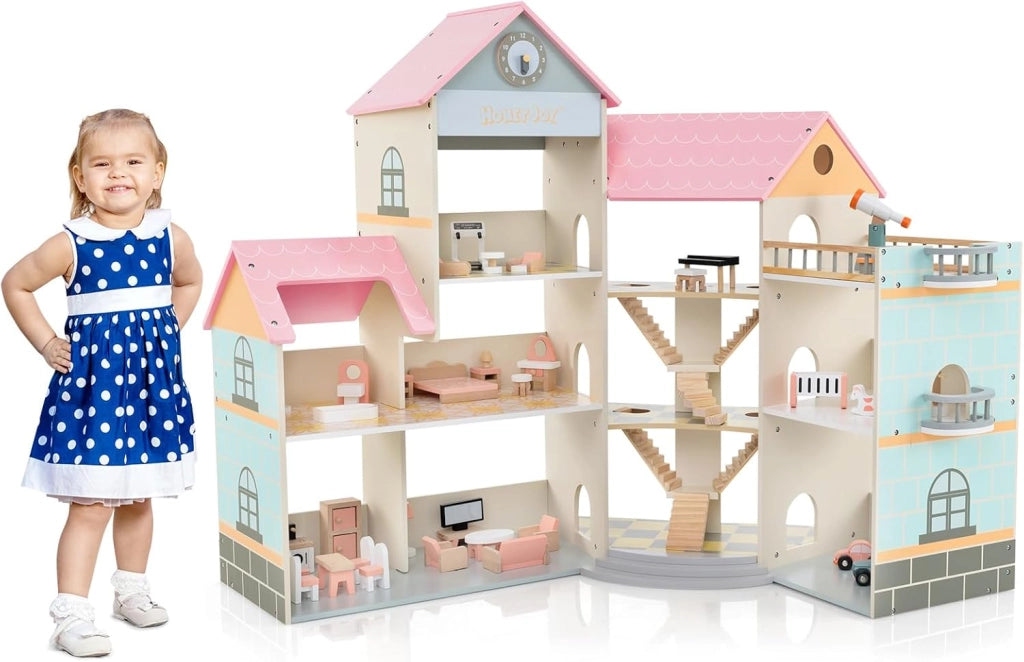 Casa delle Bambole in Legno, Casetta delle Bambole a 3 Piani con 41 Mobili e Accessori, Giocattolo per Bambini 3+ Anni,107 x 82,5 x 94,5 cm (Rosa)