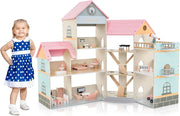 Casa delle Bambole in Legno, Casetta delle Bambole a 3 Piani con 41 Mobili e Accessori, Giocattolo per Bambini 3+ Anni,107 x 82,5 x 94,5 cm (Rosa)