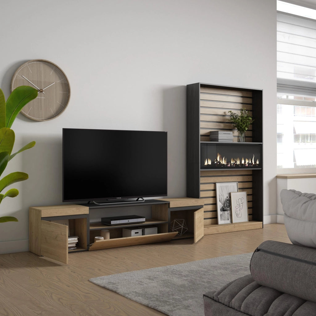 Mobile TV, Soggiorno, 310x35x186cm, Per TV fino a 80", Camino elettrico, colore Rovere e nero RF2860
