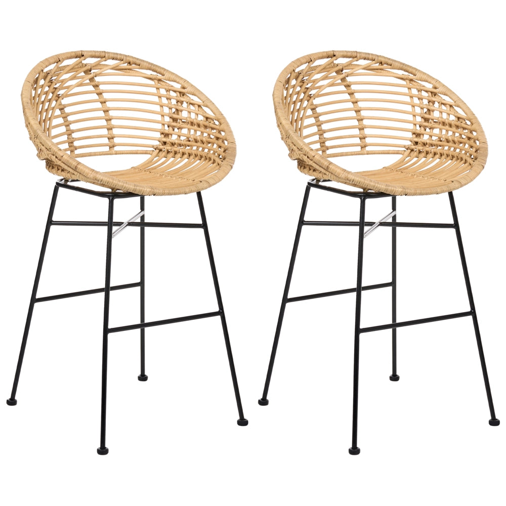 Set di 2 sedie da bar in rattan naturale con struttura in ferro, stile industriale e boho, per interni