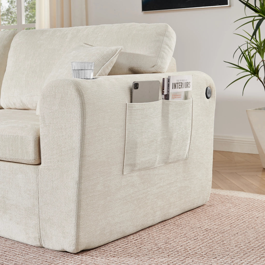 Divano lineare 2 posti con tasca laterale; portabicchieri e USB in chenille beige