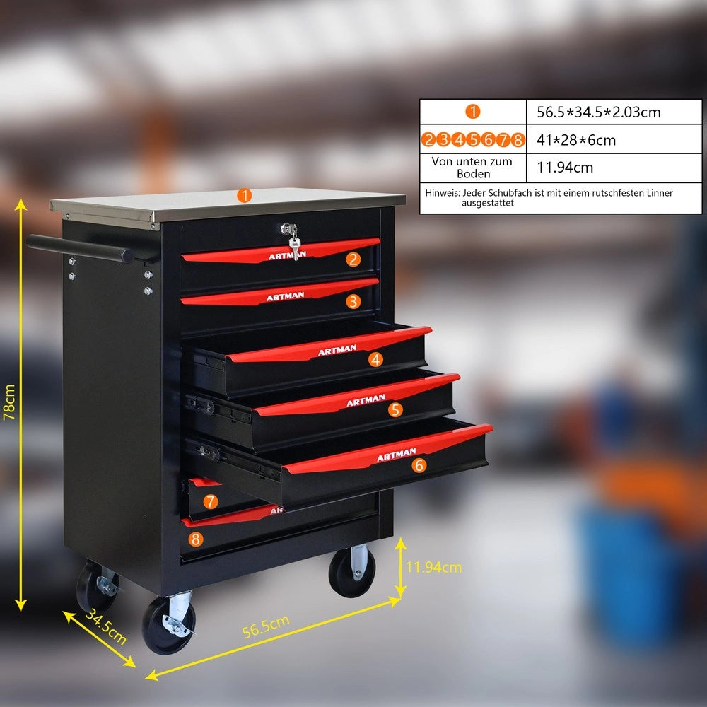 Carrello Portautensili 7 Cassetti con Ruote ¨C MINIMAL ¨C Metallo, Nero e Rosso