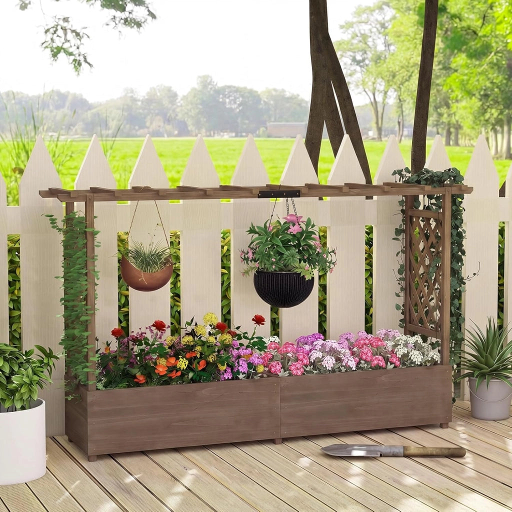 Fioriera Rialzata con Grigliato, Aiuola Rialzata con Traliccio per Piante Rampicanti e Fori di Drenaggio, Orto Elevato da Giardino, Terrazzo e Cortile (Marrone,200 x 44 x 114 cm)