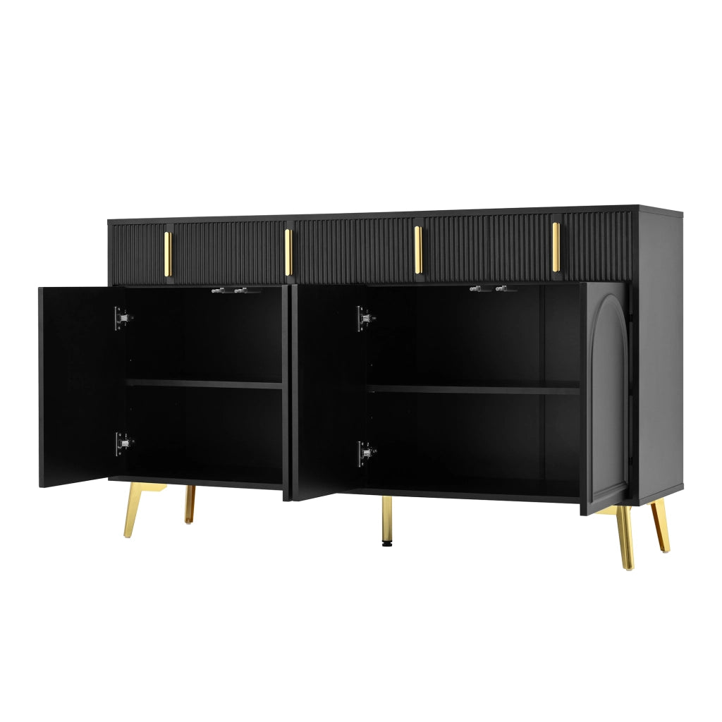 Credenza con 4 ante e 4 cassetti, ripiani regolabili, MDF nero con dettagli dorati, 140 × 38 × 82 cm