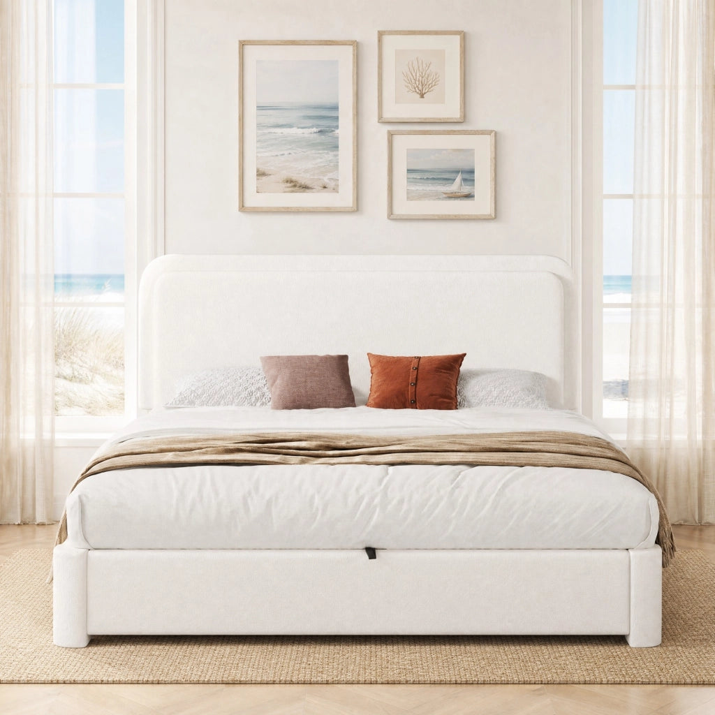 Letto matrimoniale imbottito 160x200 cm con rete a doghe, contenitore idraulico, testiera regolabile e rivestimento Bouclé bianco