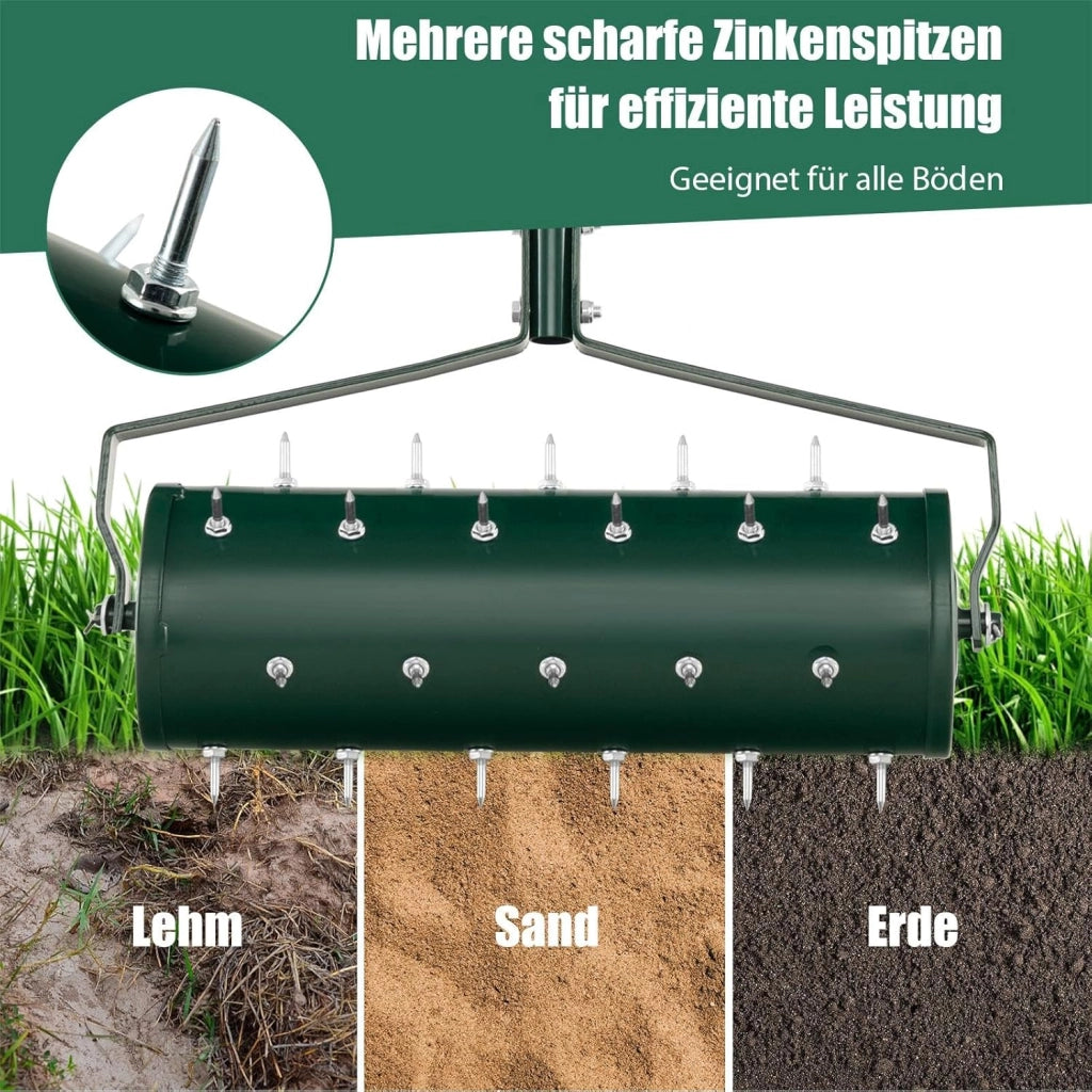 Arieggiatore per Prato a Rullo 44/53 cm, Aeratore Rullo da Giardino Manuale con Chiodi da 3,5 cm, in Metallo Antiruggine con Manico, Ideale per Prato, Orto e Terreno (53 x 130 cm, Verde)