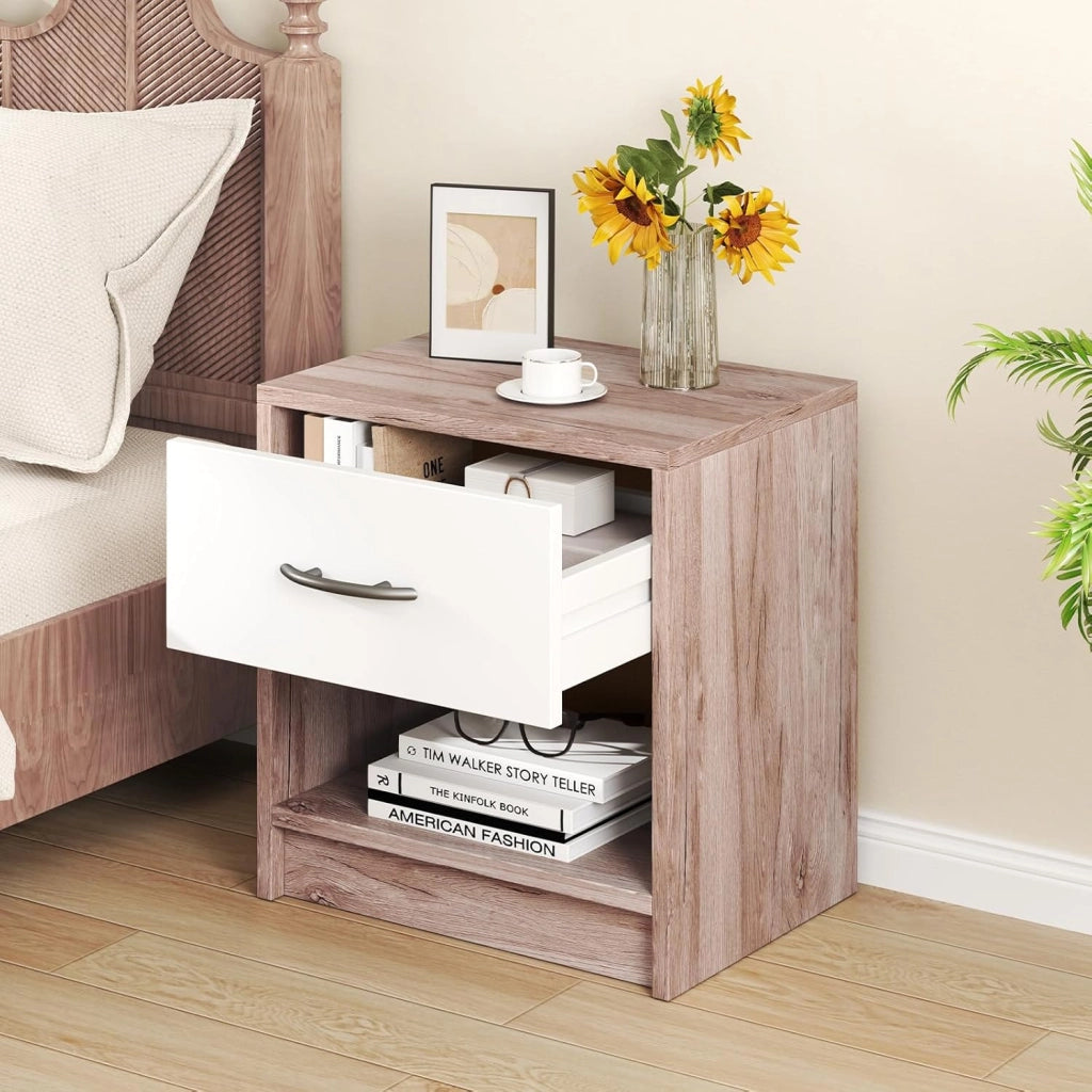COSTWAY Comodino 38,5 x 28 x 40,5cm in Legno, Tavolino Salvaspazio con Scomparto Aperto e Casseto per Soggiorno e Camera da Letto (Naturale Scuro+Bianco)