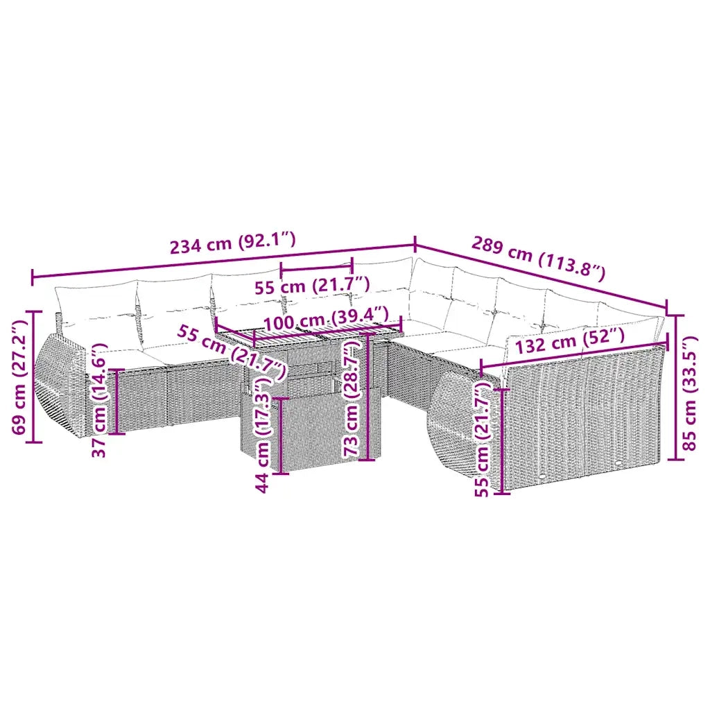 Set Divani da Giardino 11 pz con Cuscini Beige in Polyrattan