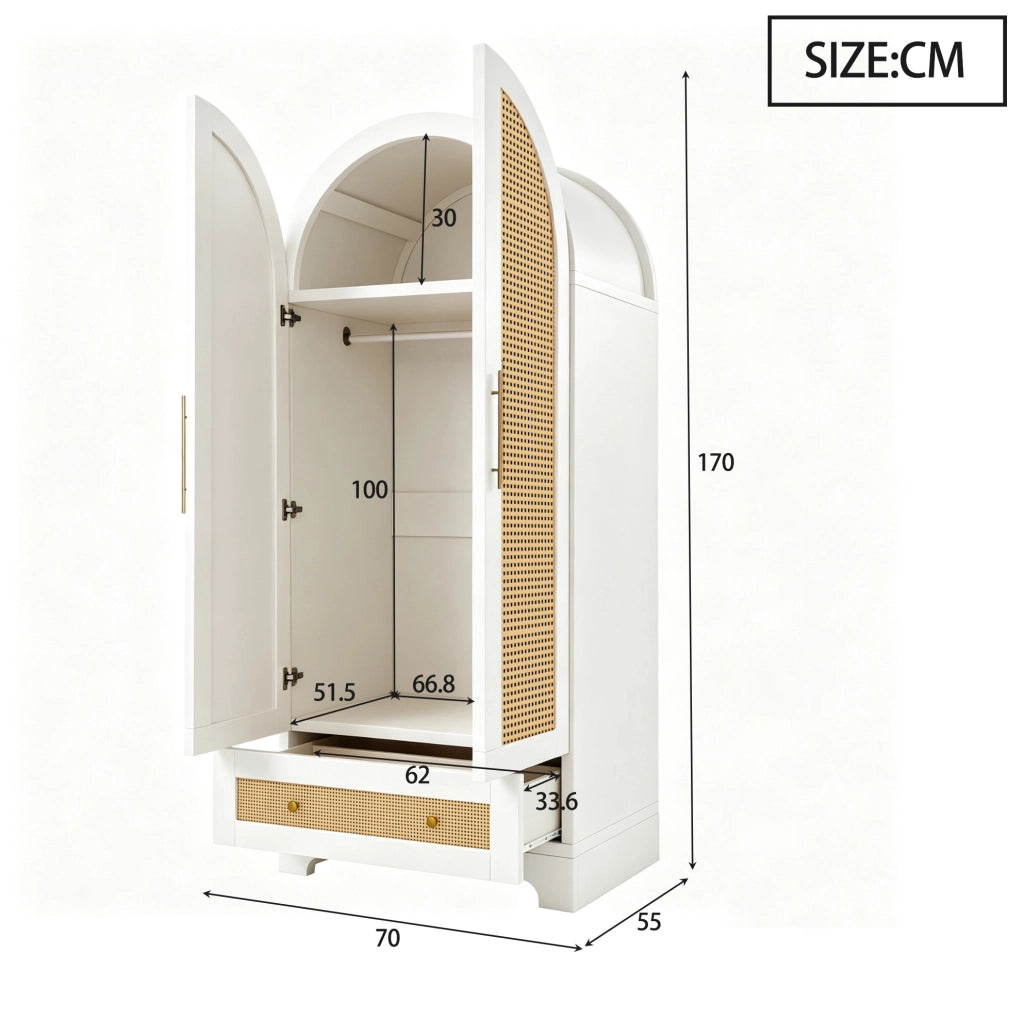 Armadio 2 ante bianco con 2 cassetti e pannelli effetto rattan