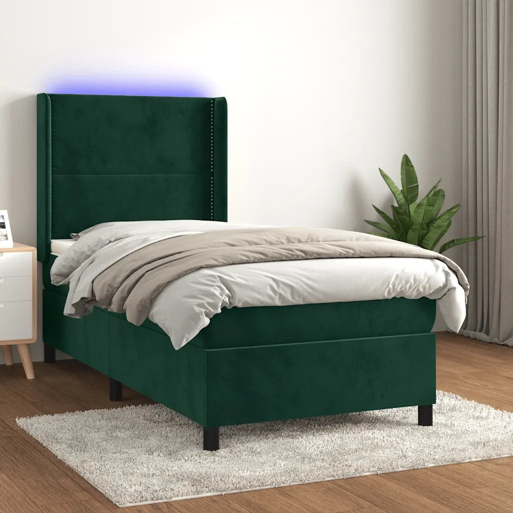 Letto a Molle con Materasso e LED Verde Scuro 90x200cm Velluto 3139484