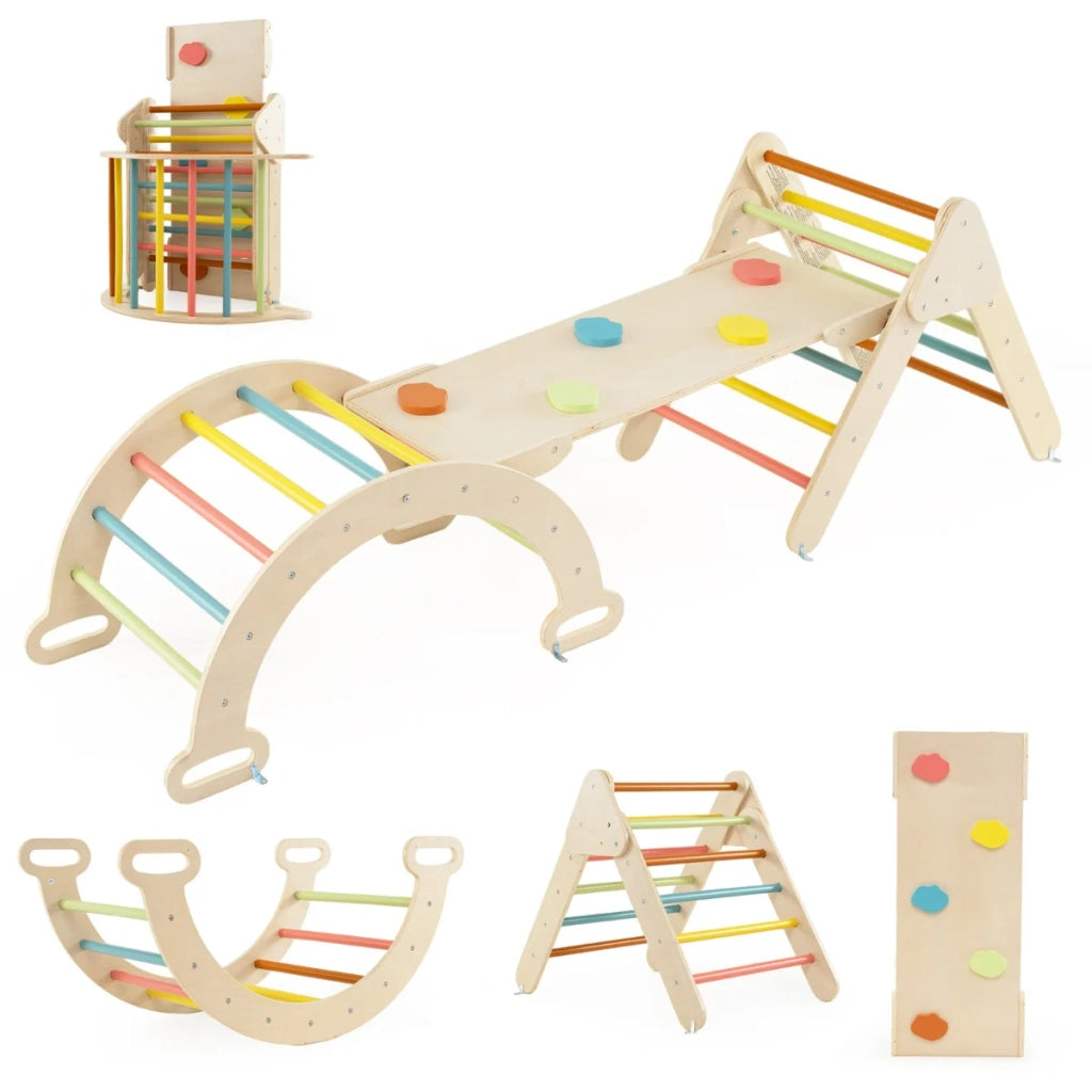 Set di 7 in 1 triangolo di arrampicata in legno 75 x 55 x 59 cm rampa reversibile e sicura giocattolo educativo in legno di faggio design macaron 20_0009985