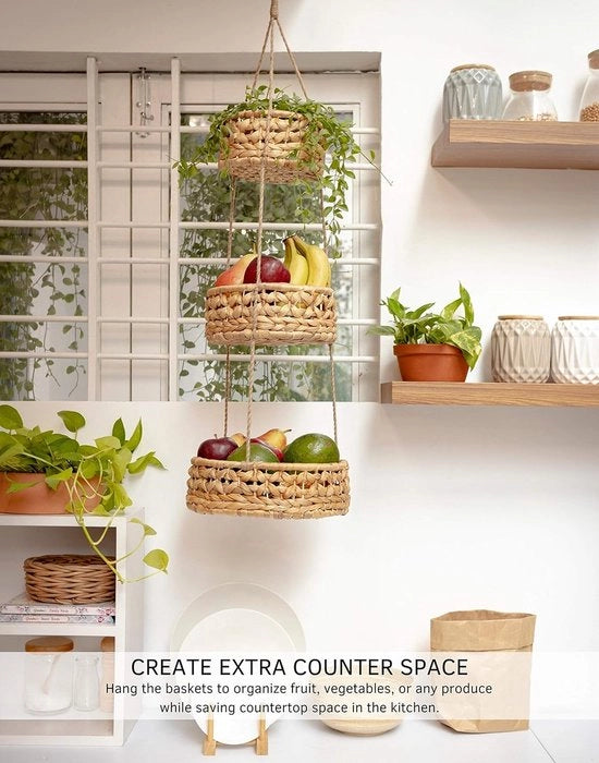 Pannelli a tre livelli per appendere frutta, cestini a tre livelli in rattan intrecciato a mano, pannelli a tre livelli per appendere verdure, organizzatori per verdure decorativi per la cucina boho.