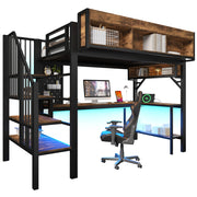 Letto a Soppalco 90 x 200 cm; Letto Singolo - Scrivania; USB e LED - Marrone Nero