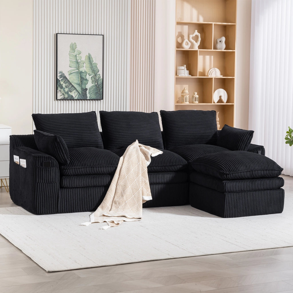 Divano modulare 3 posti in corduroy nero con pouf, tasche laterali e struttura a molle