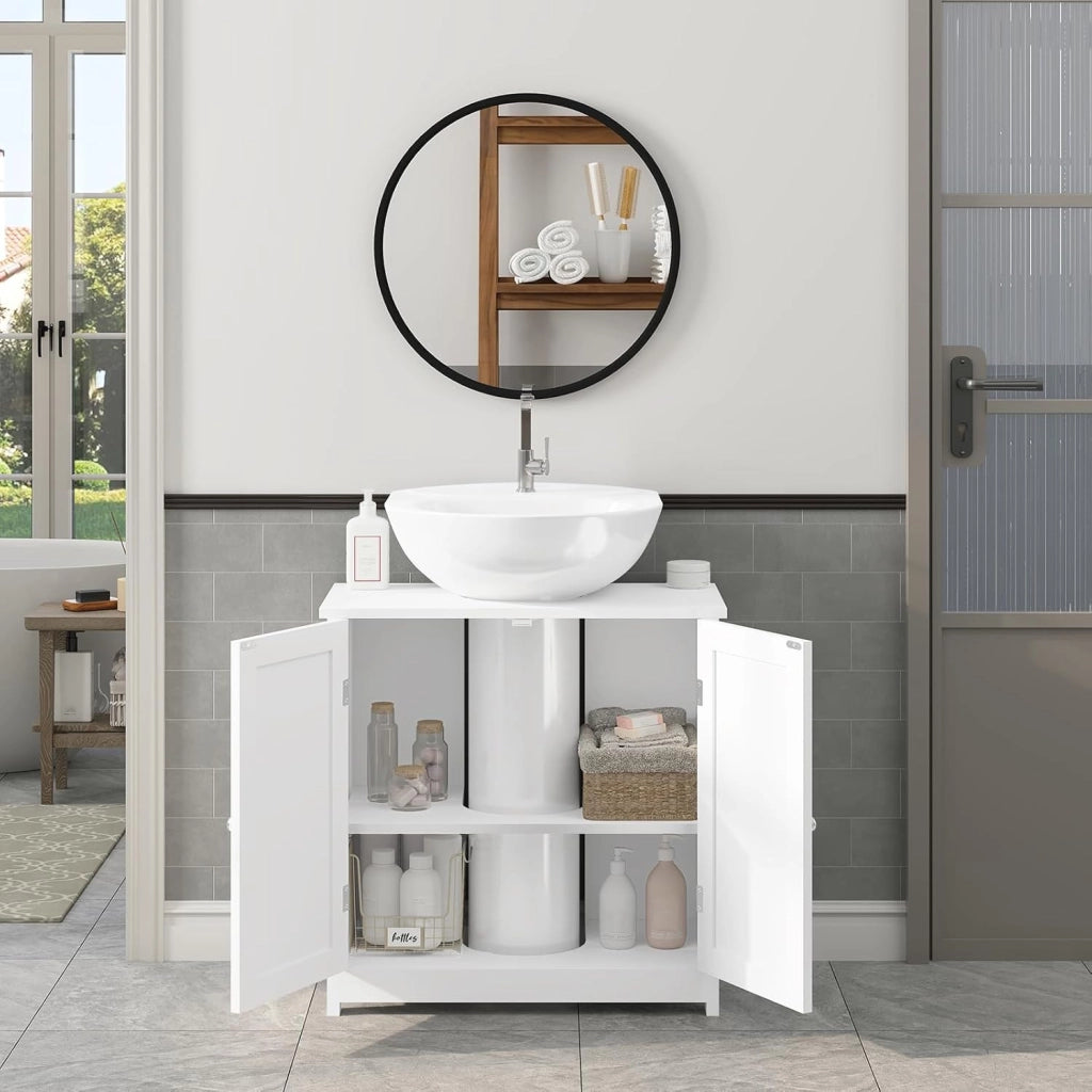 Mobile Sottolavabo per Bagno Mobiletto a Terra Sottolavandino Armadietto Bianco a Due Ante con Ripiani in MDF