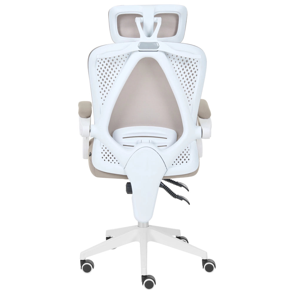 Sedia da ufficio beige in rete, base girevole, altezza regolabile, braccioli, poggiatesta, per ufficio domestico, moderna