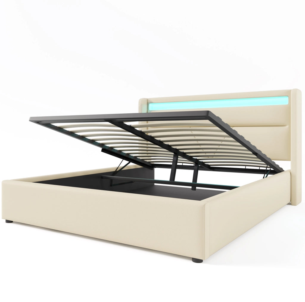 Letto matrimoniale contenitore 140x200 cm in PU bianco con testiera LED e sollevamento idraulico