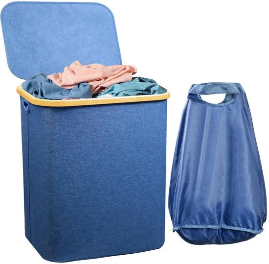 Contenitore per lavanderia con coperchio, 80L contenitore per lavanderia sottile con separatore per bucato grande pieghevole classificatore per bucato cassettiera in legno di bambù contenitore per lavanderia alto