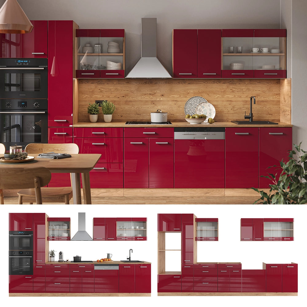 Vicco Cucina componibile Rosso lucido/rovere dorato 350 cm con armadio alto, senza piano di lavoro