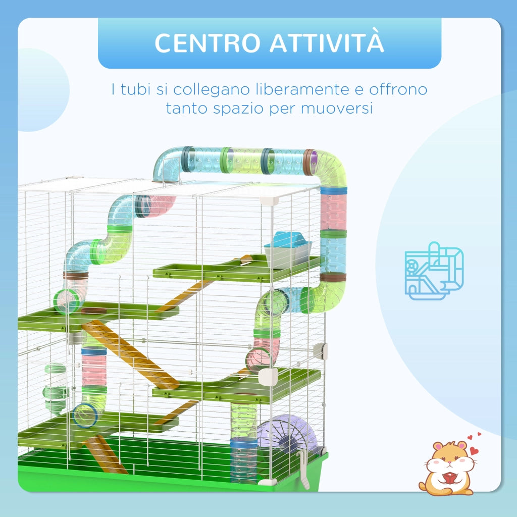 Gabbia per Criceti a 5 Livelli con Tubi e Ruota ¨C zephmum ¨C Verde Bianco 59x36x69 cm
