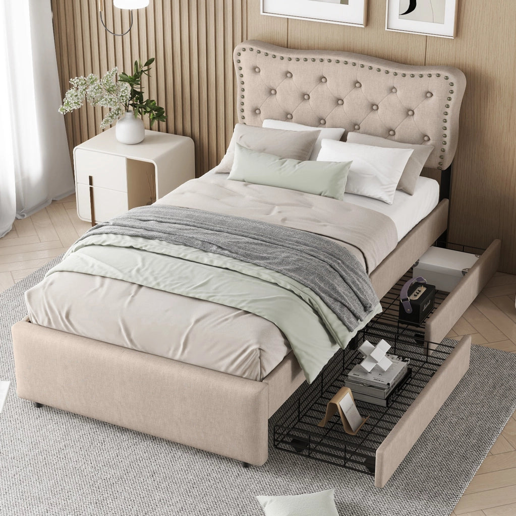 Letto imbottito 90x200 cm; testiera regolabile e 2 cassetti; MDF e lino; beige marrone