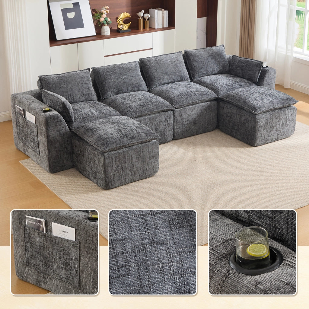 Divano modulare 4 posti con 2 pouf in ciniglia grigia; 322x161x75 cm