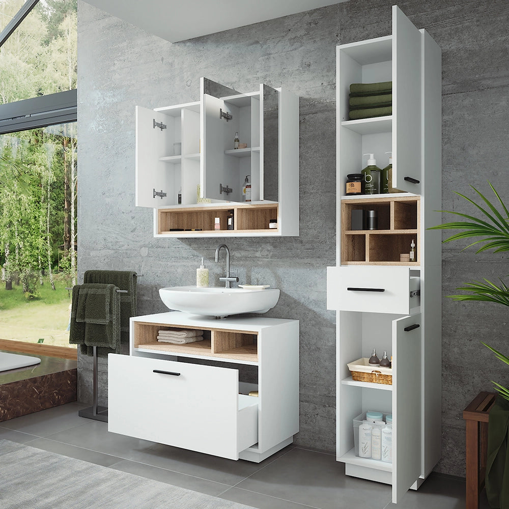 Vicco Set di mobili da bagno Bianco/Sonoma 3 parti con colonna