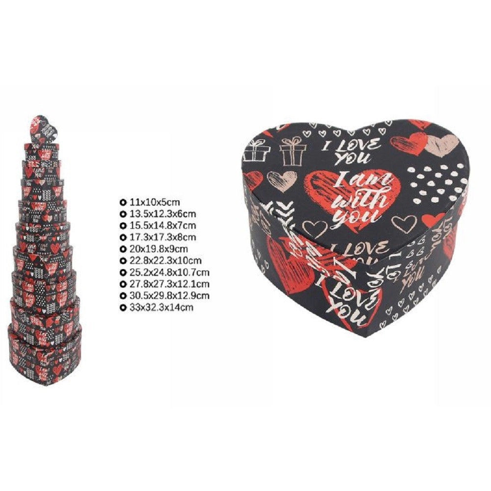 Trade Shop - Set 10pz Scatole Box Regali Varie Misure Matrioska Forma Cuore Nera Scritte 71970 -