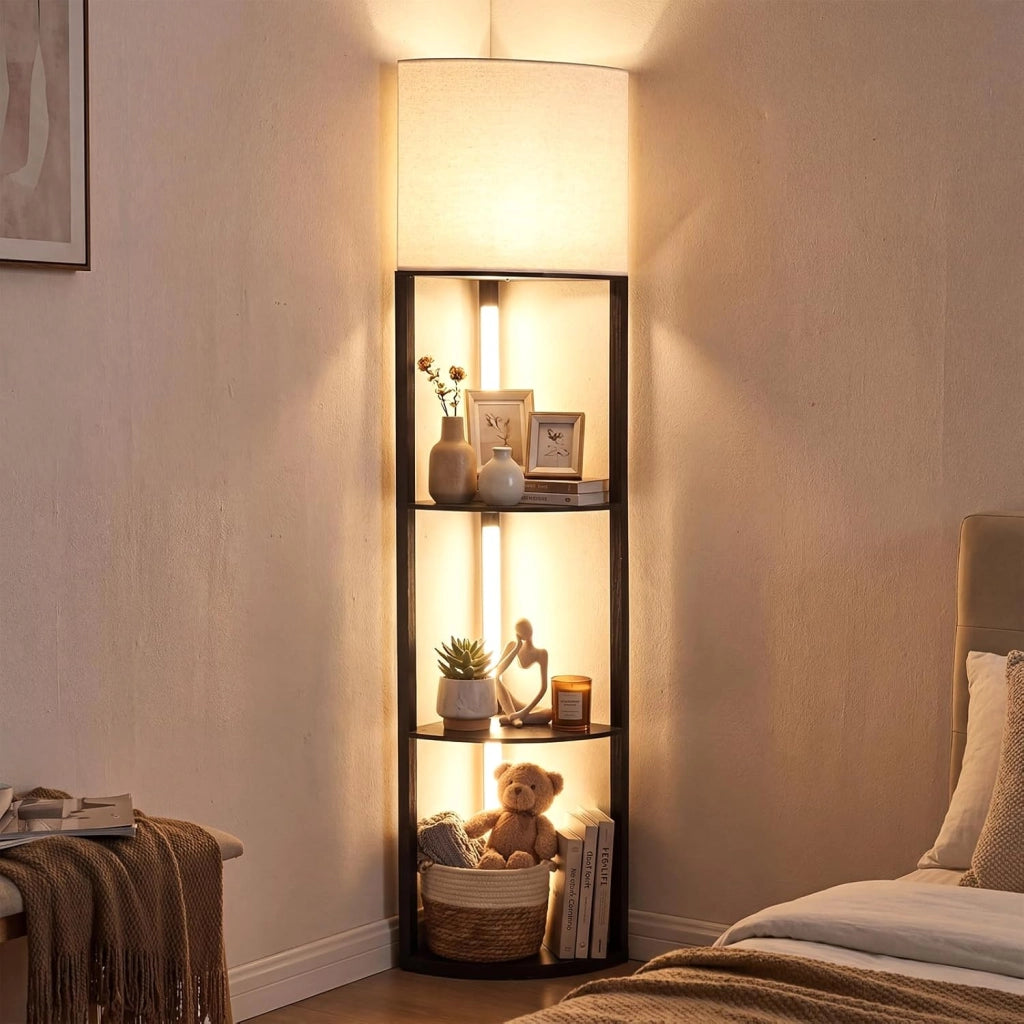 Lampada da Terra Angolare con Mensole, Scaffale a 3 Ripiani con Luci LED Dimmerabili, Paralume in Lino e Interruttore a Pedale, Piantana da Terra per Camera da Letto, Salotto e Studio