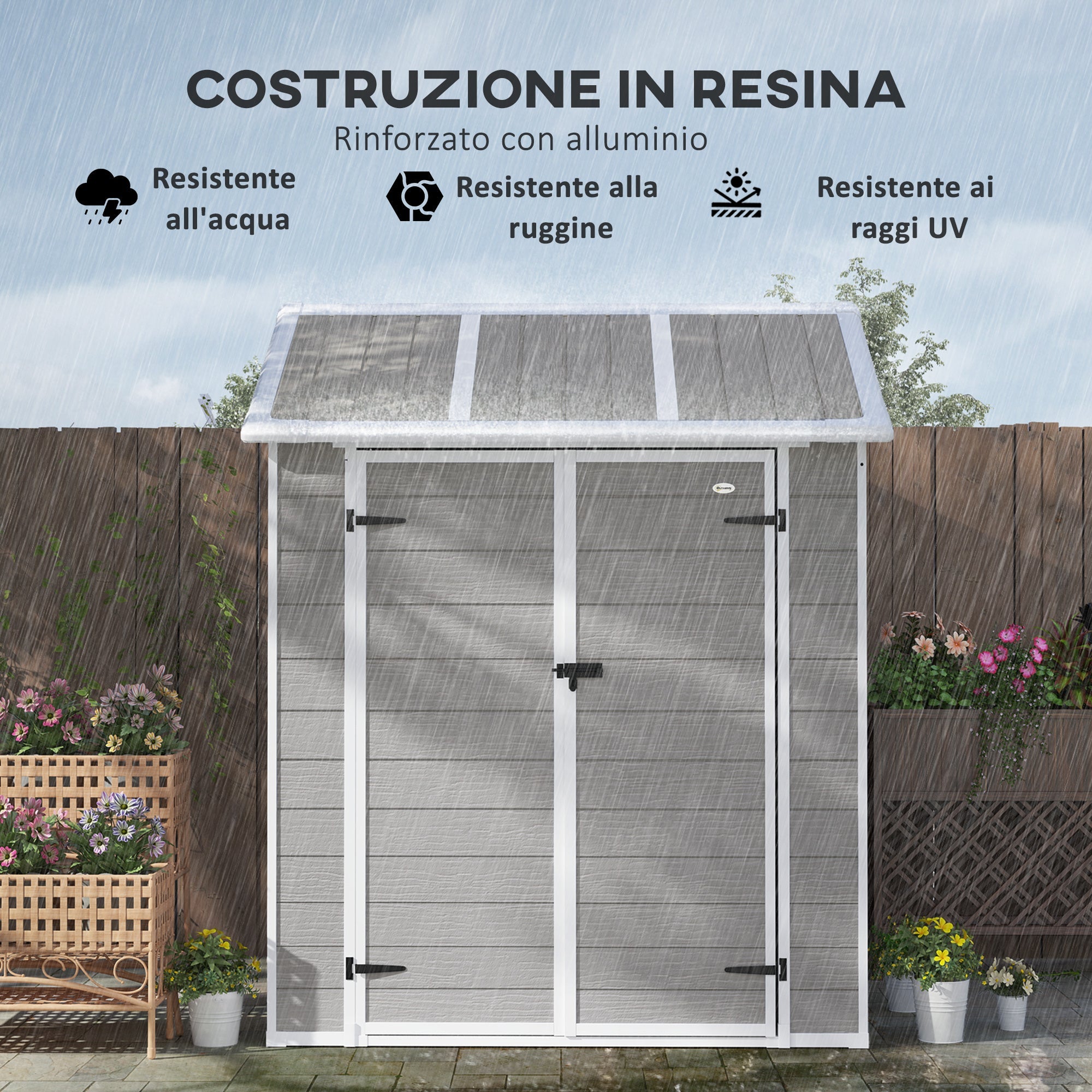 Casetta Box da Giardino 180x180 cm con Pavimento 2 Porte con Blocco e Finestra in Resina Grigio