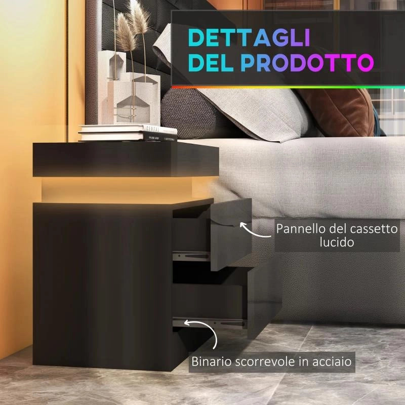 COMODINO LED A 16 COLORI E 4 MODALITÀ CON 2 CASSETTI, IN LEGNO, 45X35X52 CM, NERO