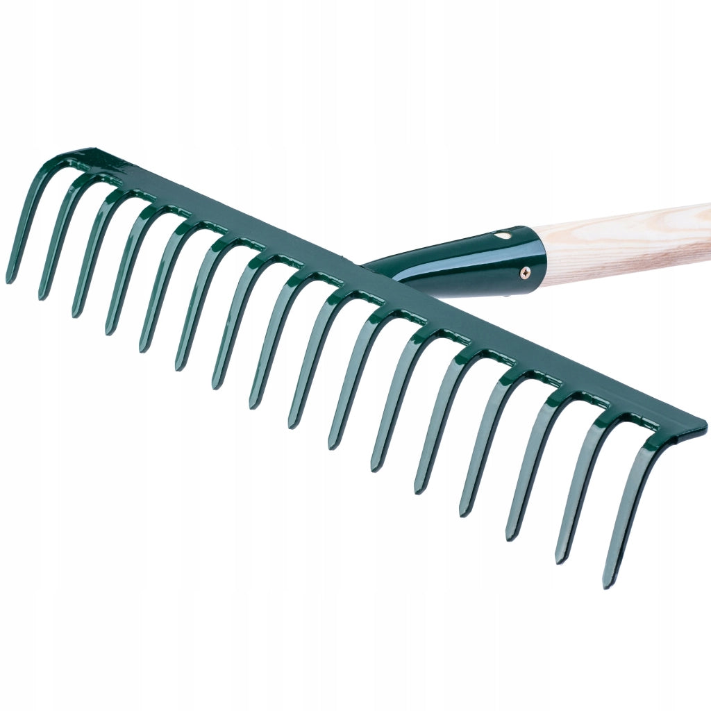 Rastrello per foglie KADAX, per giardino ed erba, con manico in legno, 138 cm, rastrello solido a 16 denti.