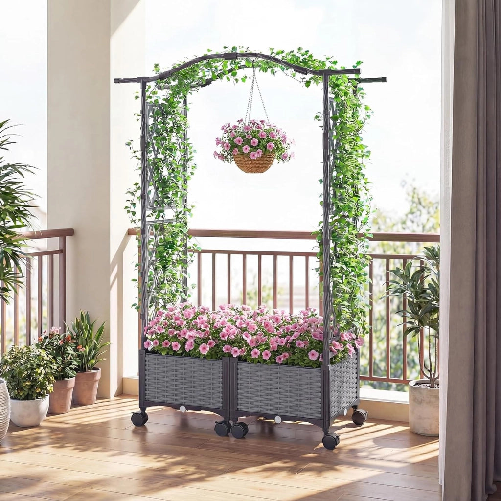 Fioriera Rialzata con Graticcio e Tetto, Irrigazione Automatica e Ruote Bloccatili, Letto da Giardino Rialzato in Rattan Impermeabile per Piante Rampicanti, Fiori ed Erbe (Grigio)