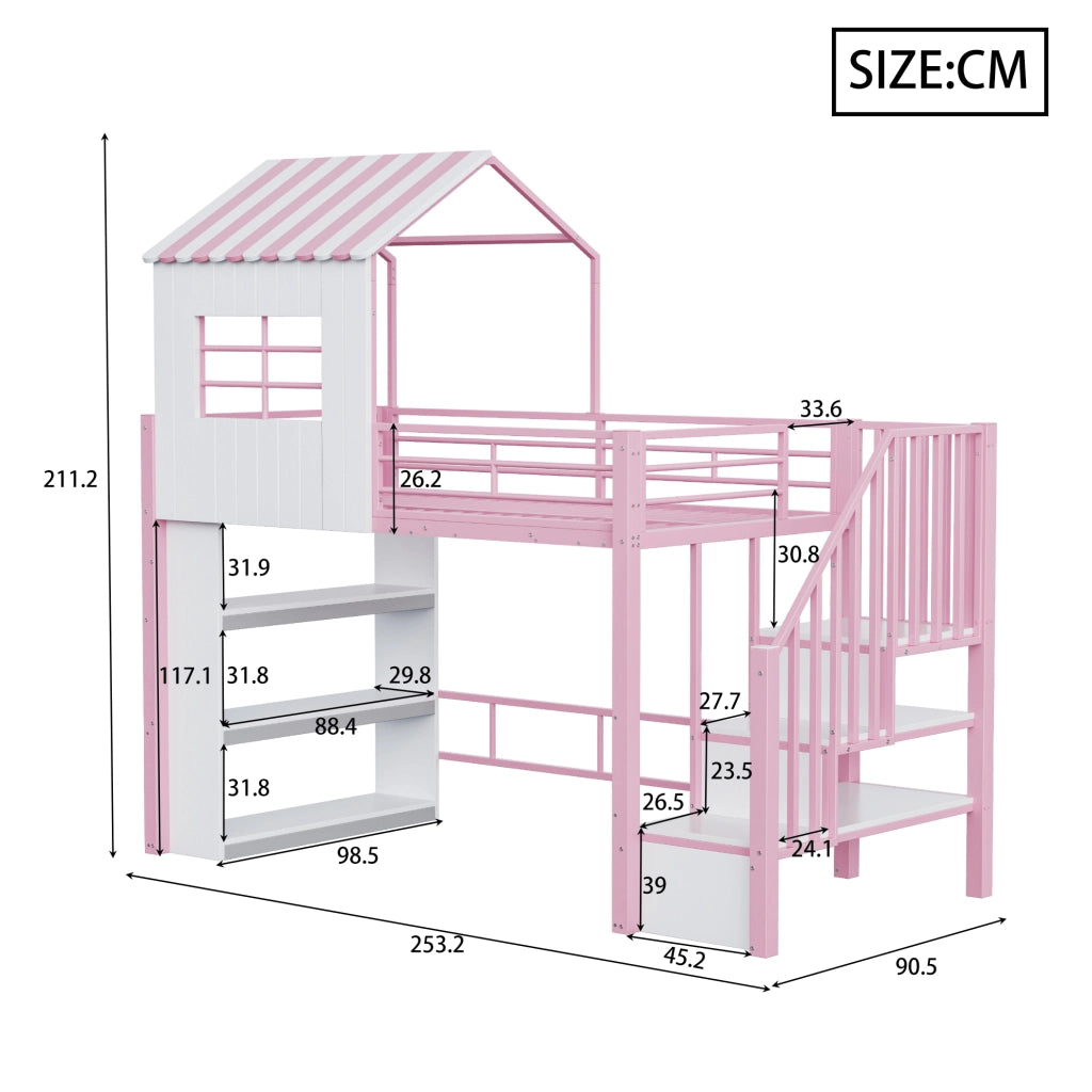 Letto a soppalco 90x200 cm rosa con scala contenitore