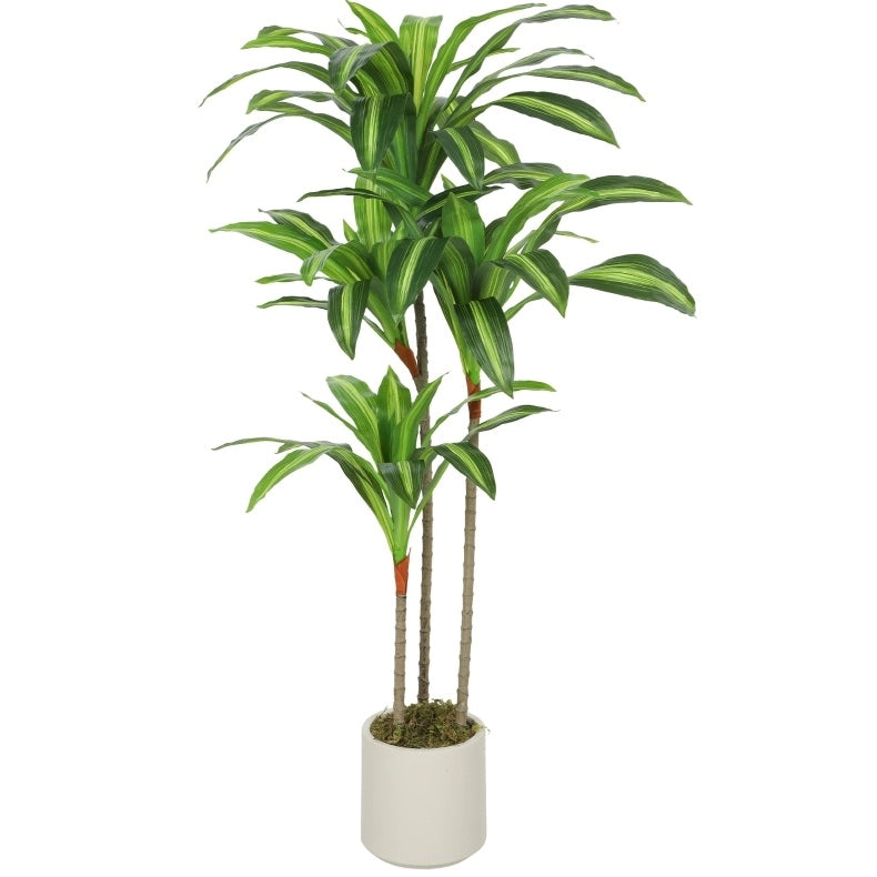 Dracaena artificiale 120 cm in plastica verde, steli flessibili, vaso bianco