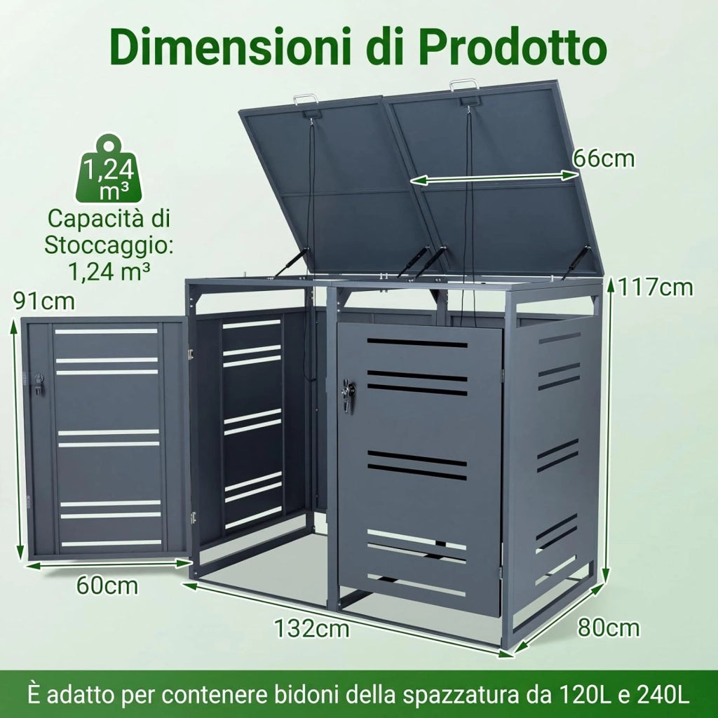 Copribidone Spazzatura Esterno 120-240L, Copribidone Doppio con Porte Blocchettabili con Chiavi, Maniglie e Corte, Casetta Pattumiera Differenziata da Patio, Cortile e Giardino (Grigio)