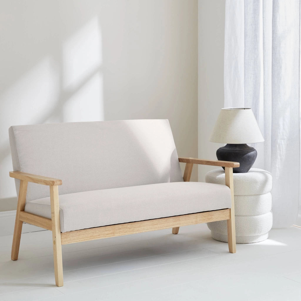 Divano stile scandinavo in legno e tessuto, 2 posti, beige