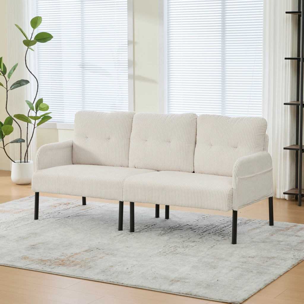 Divano dritto a 3 posti in velluto a coste con tasca laterale, schienale ergonomico, Beige