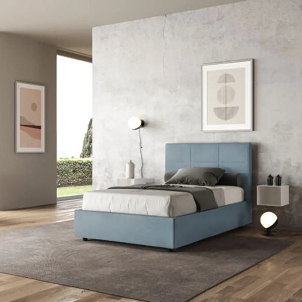 Letto una piazza e mezza contenitore imbottito 120x190 microfibra azzurro Mika