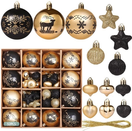 Set di palline di Natale da 52 - Plastica - Bianco/Nero - Glitter - Resistente alle gocce - Impermeabile - 8 disegni - Decorazioni di Natale