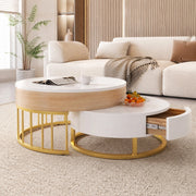 Tavolino da salotto rotondo con piano sollevabile e cassetto; 70/60 cm; bianco e oro
