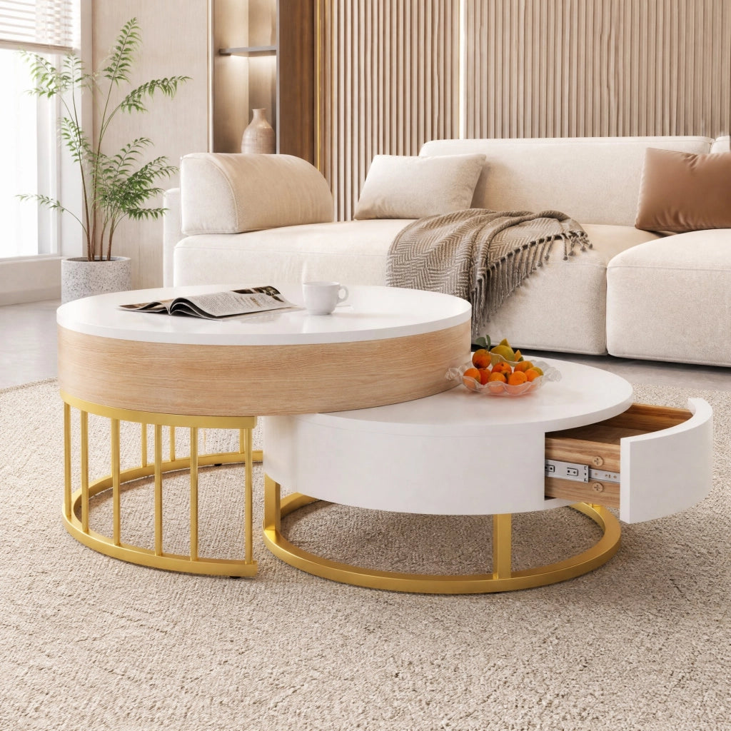Tavolino da salotto rotondo con piano sollevabile e cassetto; 70/60 cm; bianco e oro